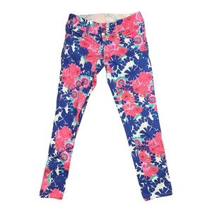 Lilly Pulitzer Pink Blue Floral Skinny Jeans 5-Pocket Stretch Button Women’s 00